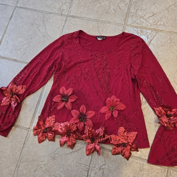 Upcycled Tops - Sparkly Red Christmas Crop Top S Poinsettias Upcycled Holiday